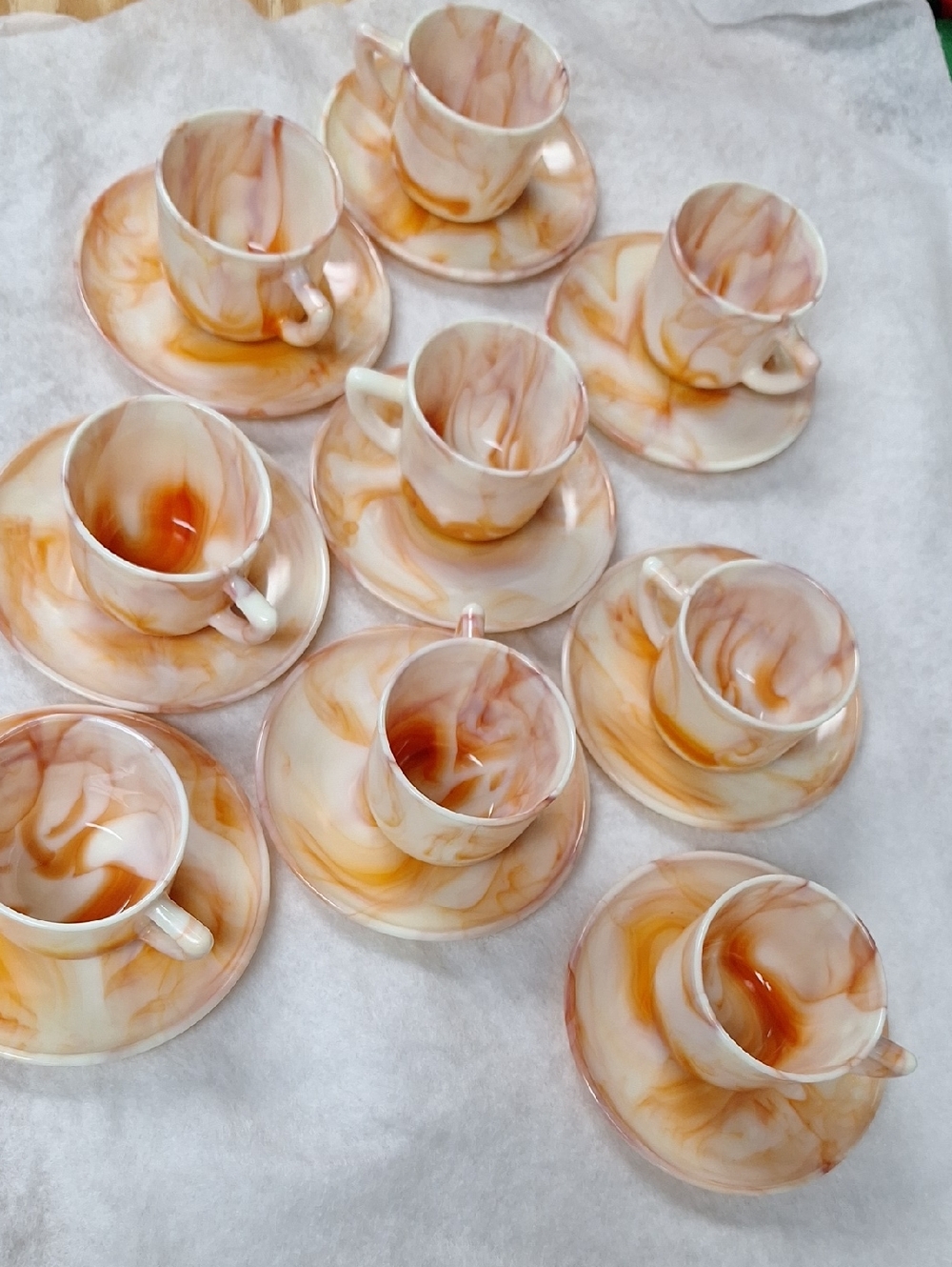 Marbled Peach & Cream Porcelain Demitasse Cup and Saucer Set - 18 Pcs.